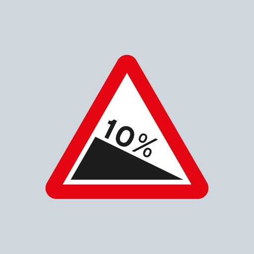 Triangular Sign 523.1 (Steep Hill Downwards Ahead 10% - enquire for other gradients)